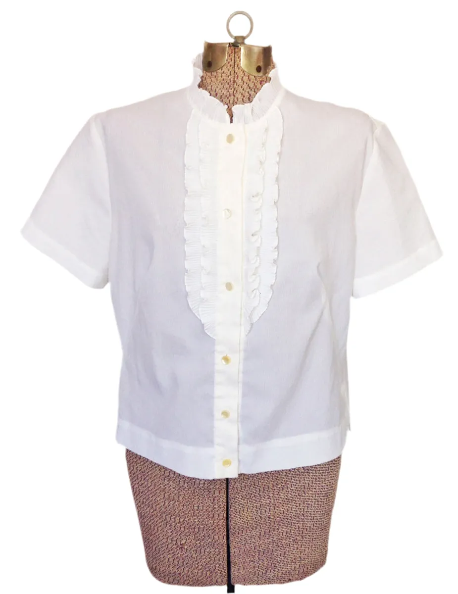1960s White Blouse Ruffled Bib Collar