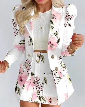 Abigail double breasted floral print blazer with puff sleeves