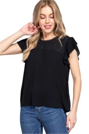 ACTIVE BASIC Ruffle Short Sleeve Crochet Blouse