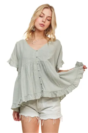 ADORA Button Down Ruffled Babydoll Blouse