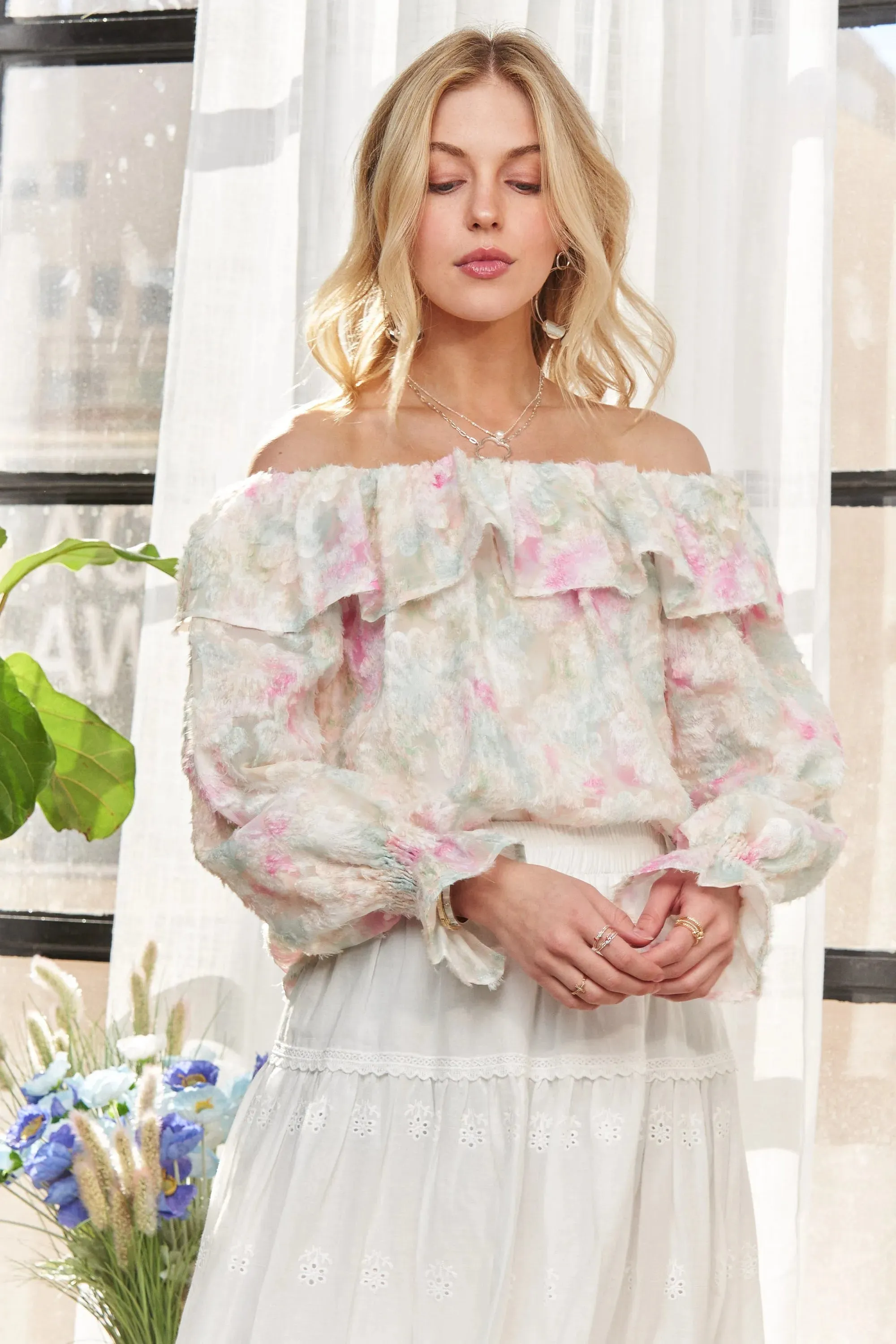 ADORA Ruffled Off Shoulder Floral Blouse