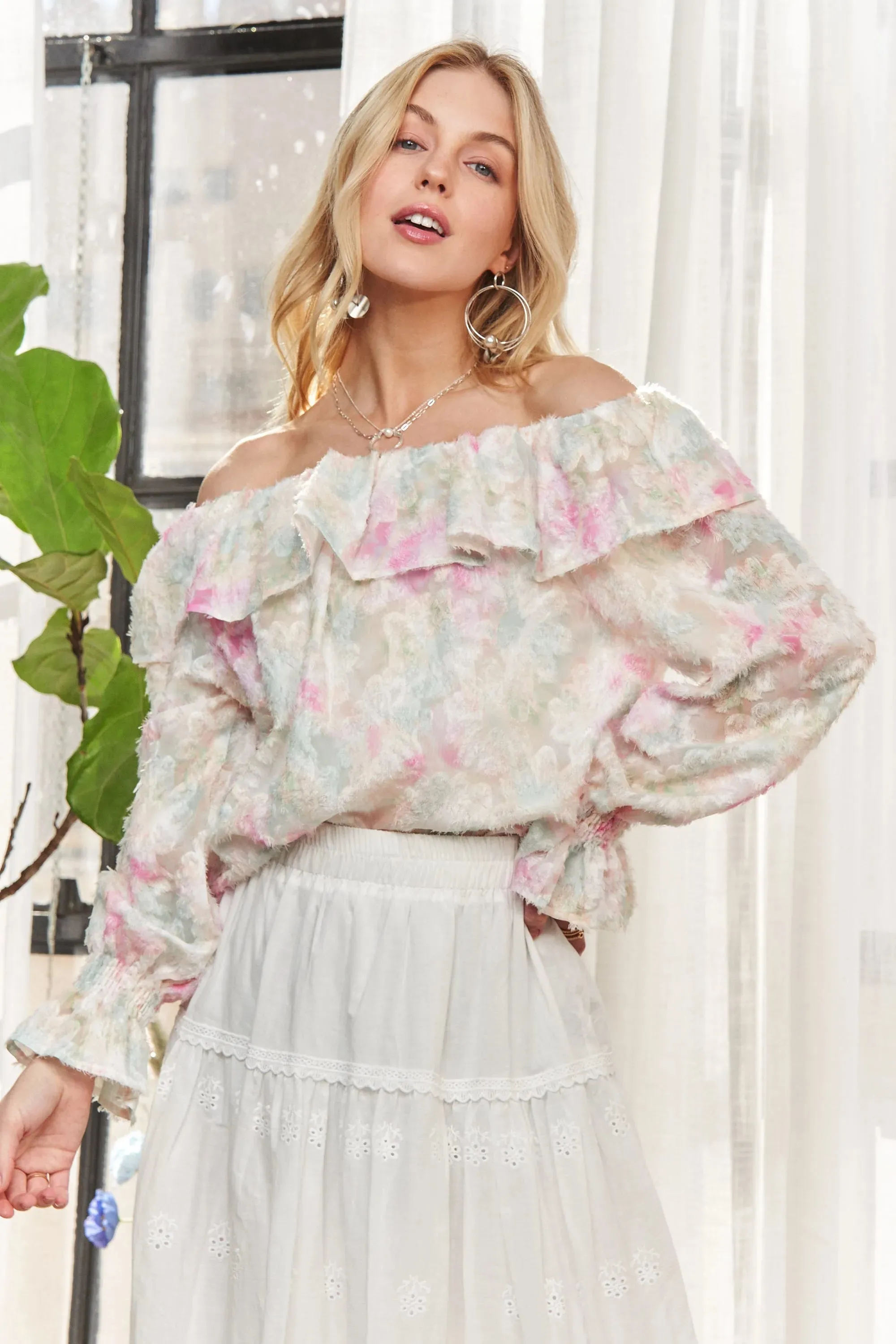 ADORA Ruffled Off Shoulder Floral Blouse