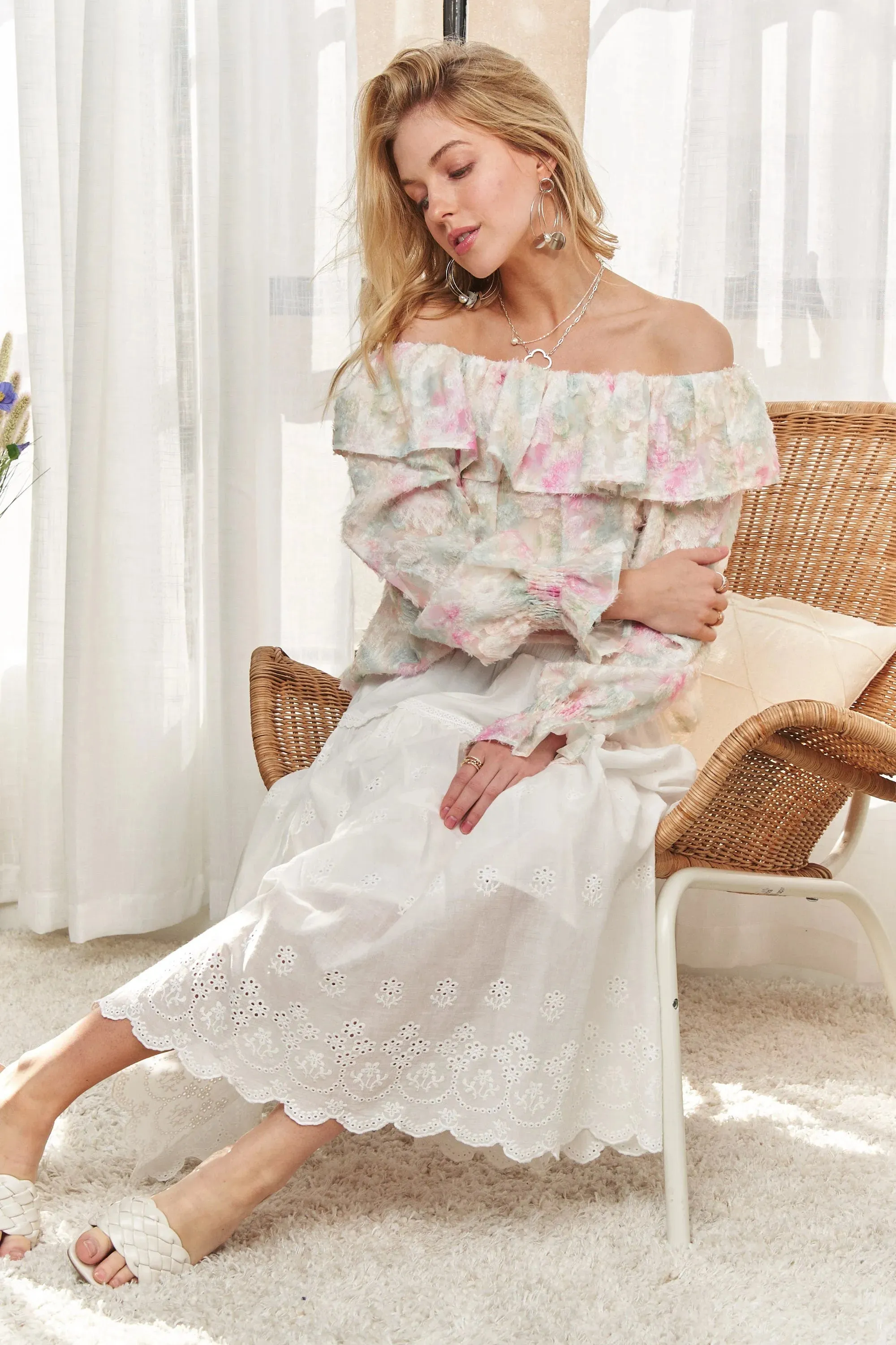 ADORA Ruffled Off Shoulder Floral Blouse