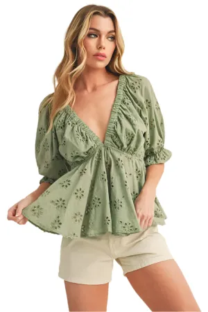 Aemi   Co Eyelet Embroidered V-Neck Half Sleeve Peplum Blouse