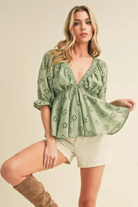 Aemi   Co Eyelet Embroidered V-Neck Half Sleeve Peplum Blouse