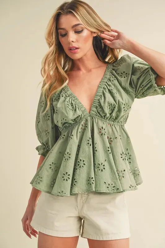 Aemi   Co Eyelet Embroidered V-Neck Half Sleeve Peplum Blouse