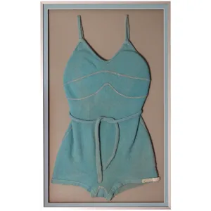 Antique Framed Ladies Wool Bathing / Swimsuit Aqua  20x32 1931 Aluminum Shadow Box