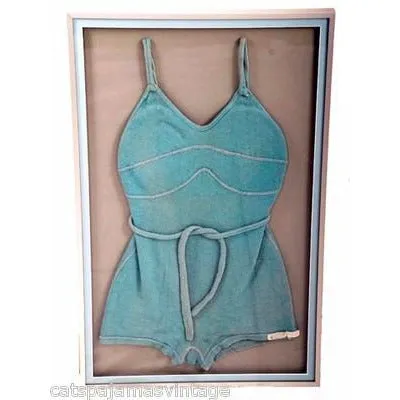Antique Framed Ladies Wool Bathing / Swimsuit Aqua  20x32 1931 Aluminum Shadow Box