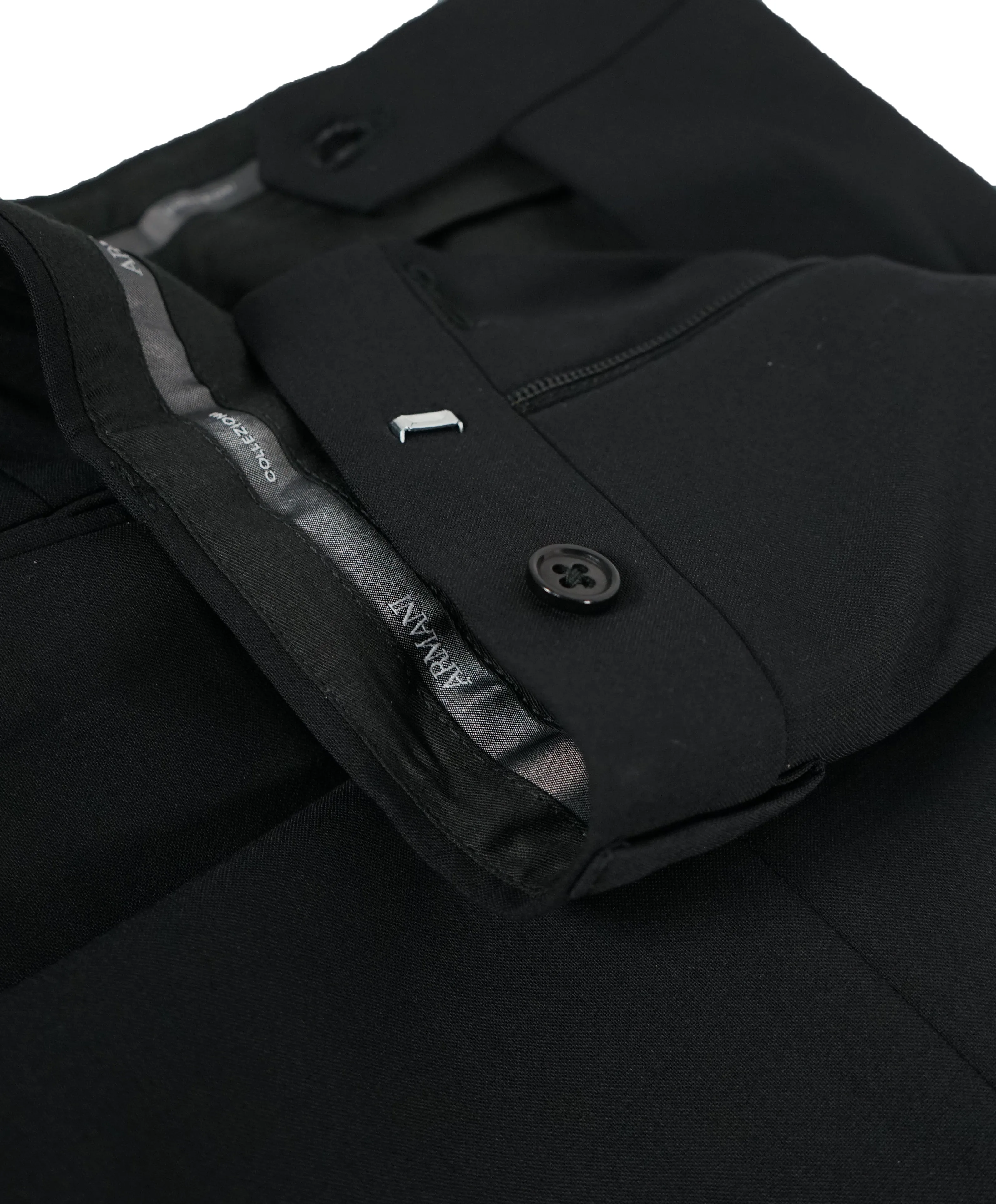 ARMANI COLLEZIONI - Solid Black Flat Front Dress Pants Pick Stitching & Coin Pocket - 34W