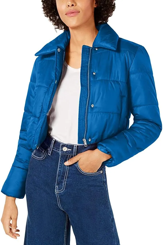 bar III Womens Cropped Puffer Jacket, Blue, X-Small