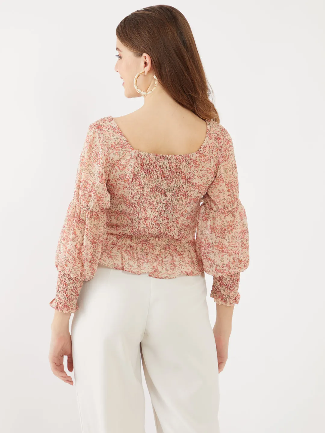 Beige Ditsy Printed Ruffled Top