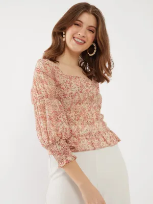 Beige Ditsy Printed Ruffled Top