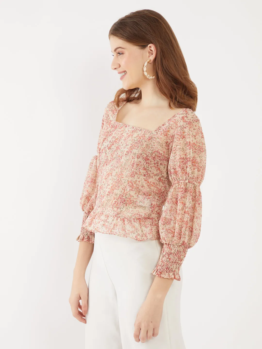 Beige Ditsy Printed Ruffled Top