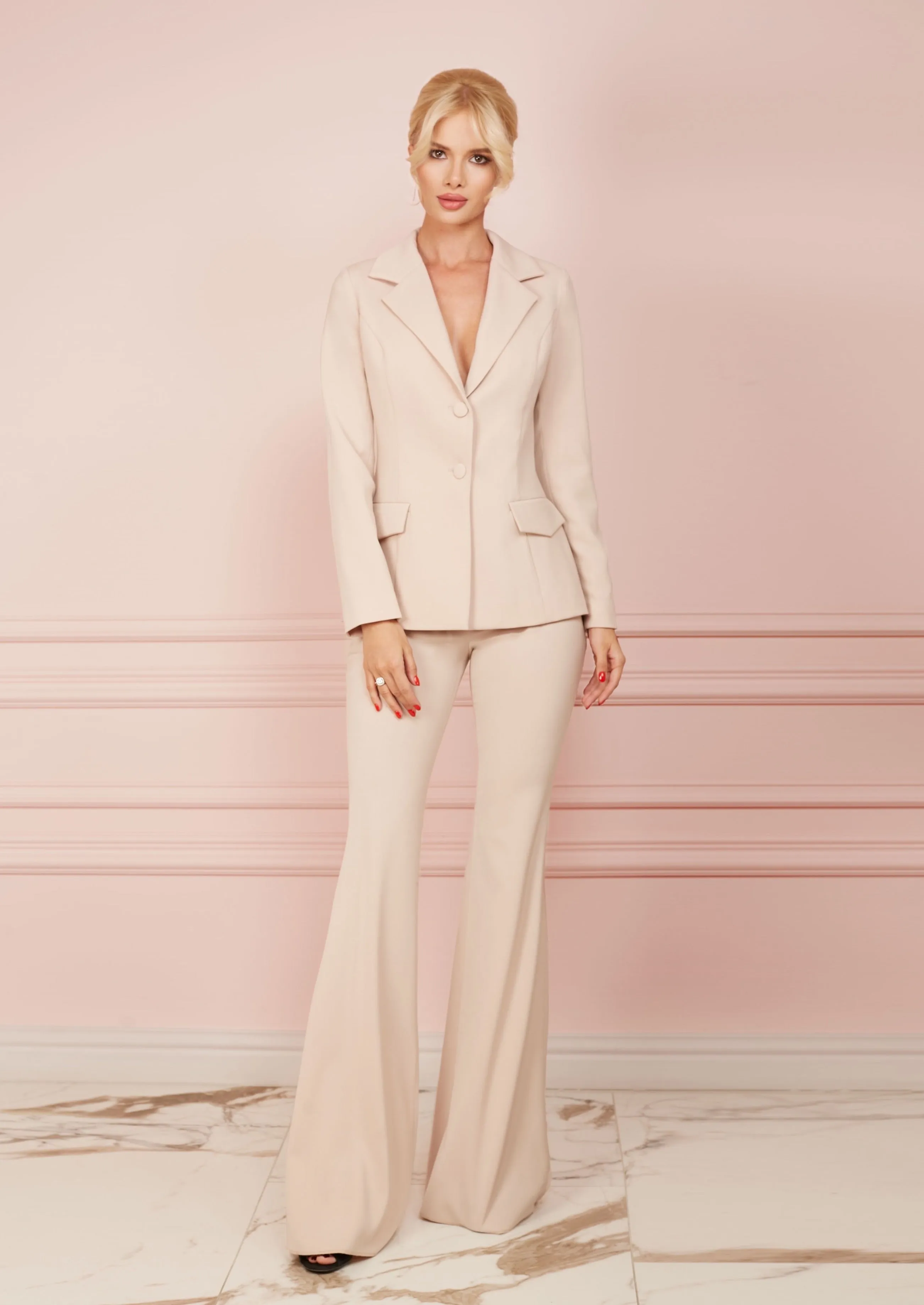 Beige Slim Fit Flared Trousers