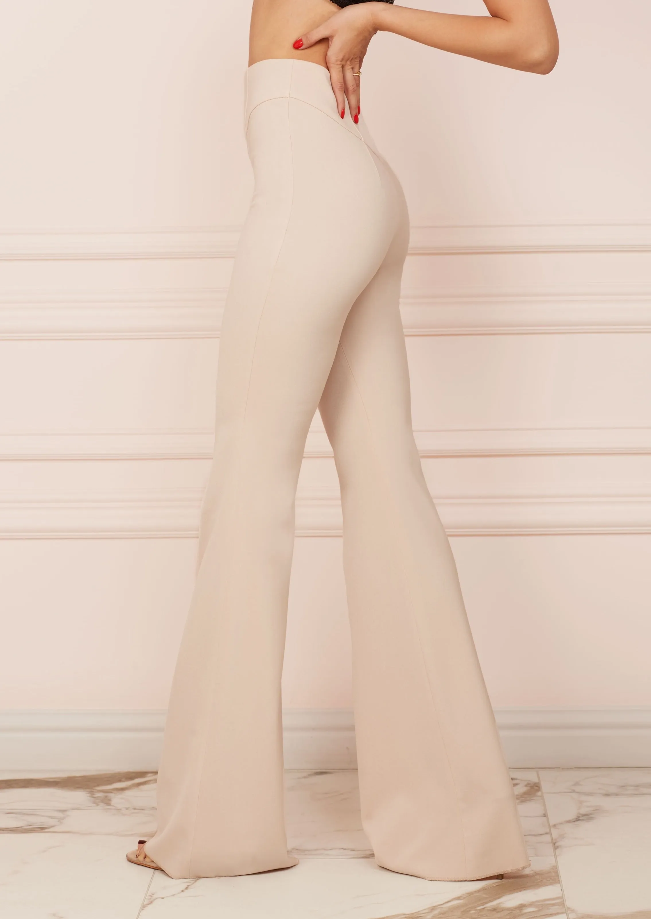 Beige Slim Fit Flared Trousers