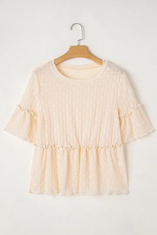 Beige Solid Color Ruffled Short Sleeve Blouse