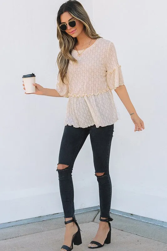 Beige Solid Color Ruffled Short Sleeve Blouse