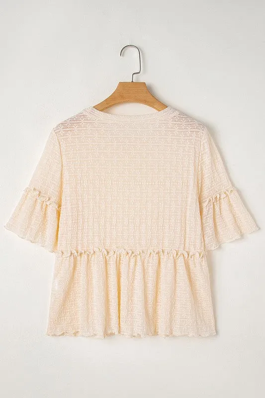 Beige Solid Color Ruffled Short Sleeve Blouse