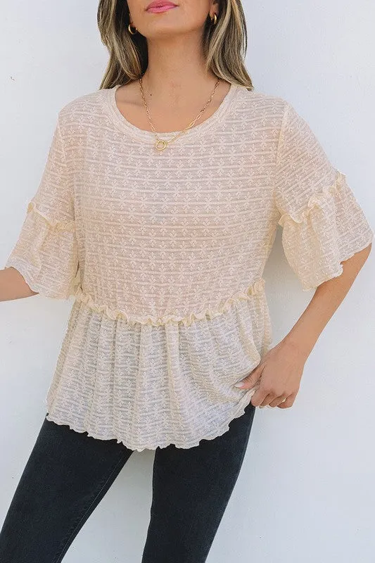 Beige Solid Color Ruffled Short Sleeve Blouse