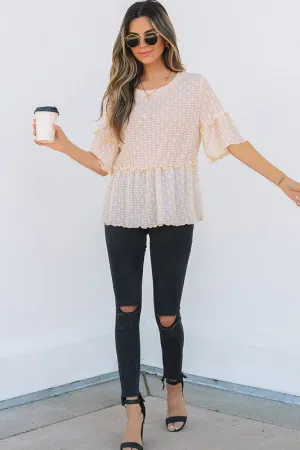 Beige Solid Color Ruffled Short Sleeve Blouse