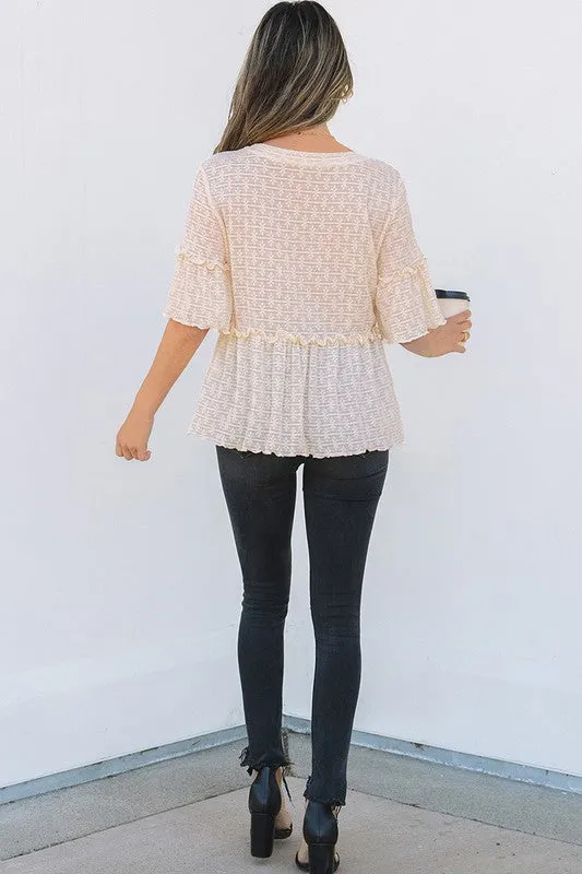 Beige Solid Color Ruffled Short Sleeve Blouse