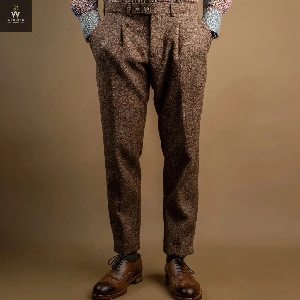Bespoke Elegance: Unisex Office Brown Herringbone Trousers Wedding Weaves