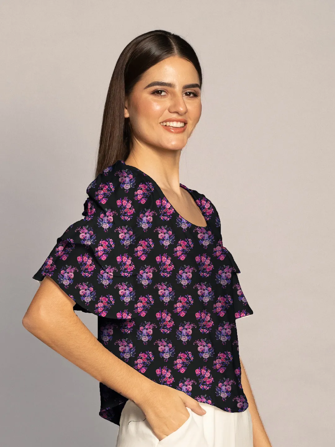 Black & Baby Pink Floral Print Ruffled Sleeves Top