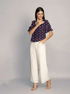 Black & Baby Pink Floral Print Ruffled Sleeves Top