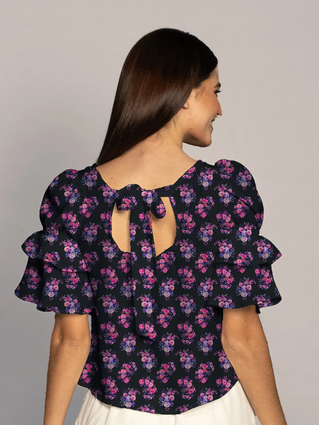 Black & Baby Pink Floral Print Ruffled Sleeves Top