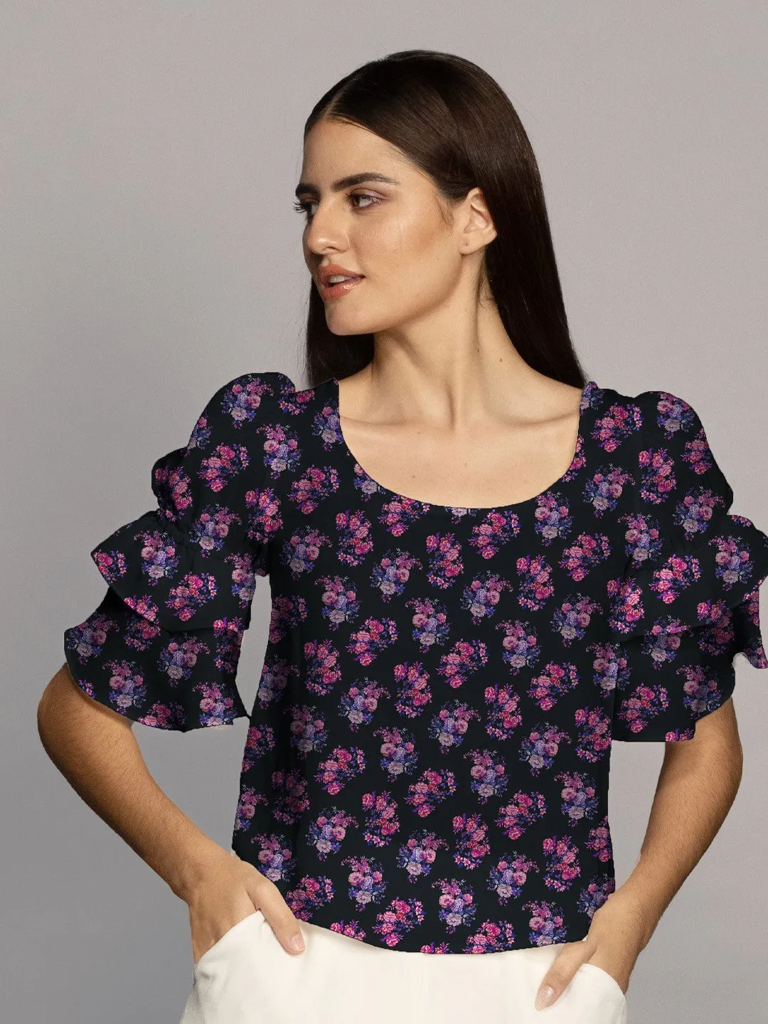 Black & Baby Pink Floral Print Ruffled Sleeves Top