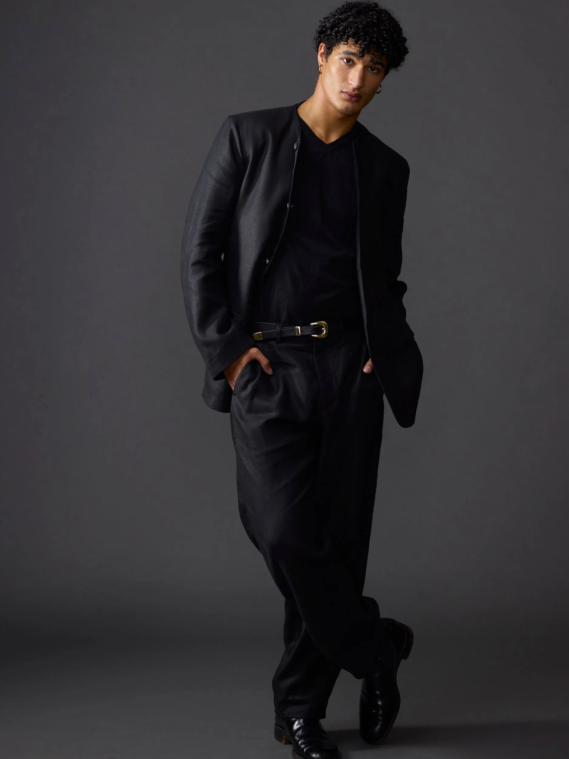 Black Avalon Linen Collarless Suit