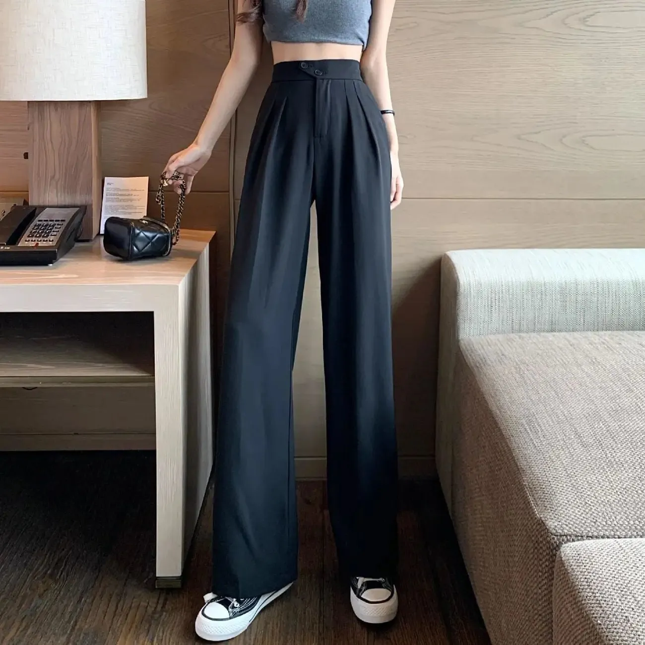 Black Double Pleated Straight Trousers
