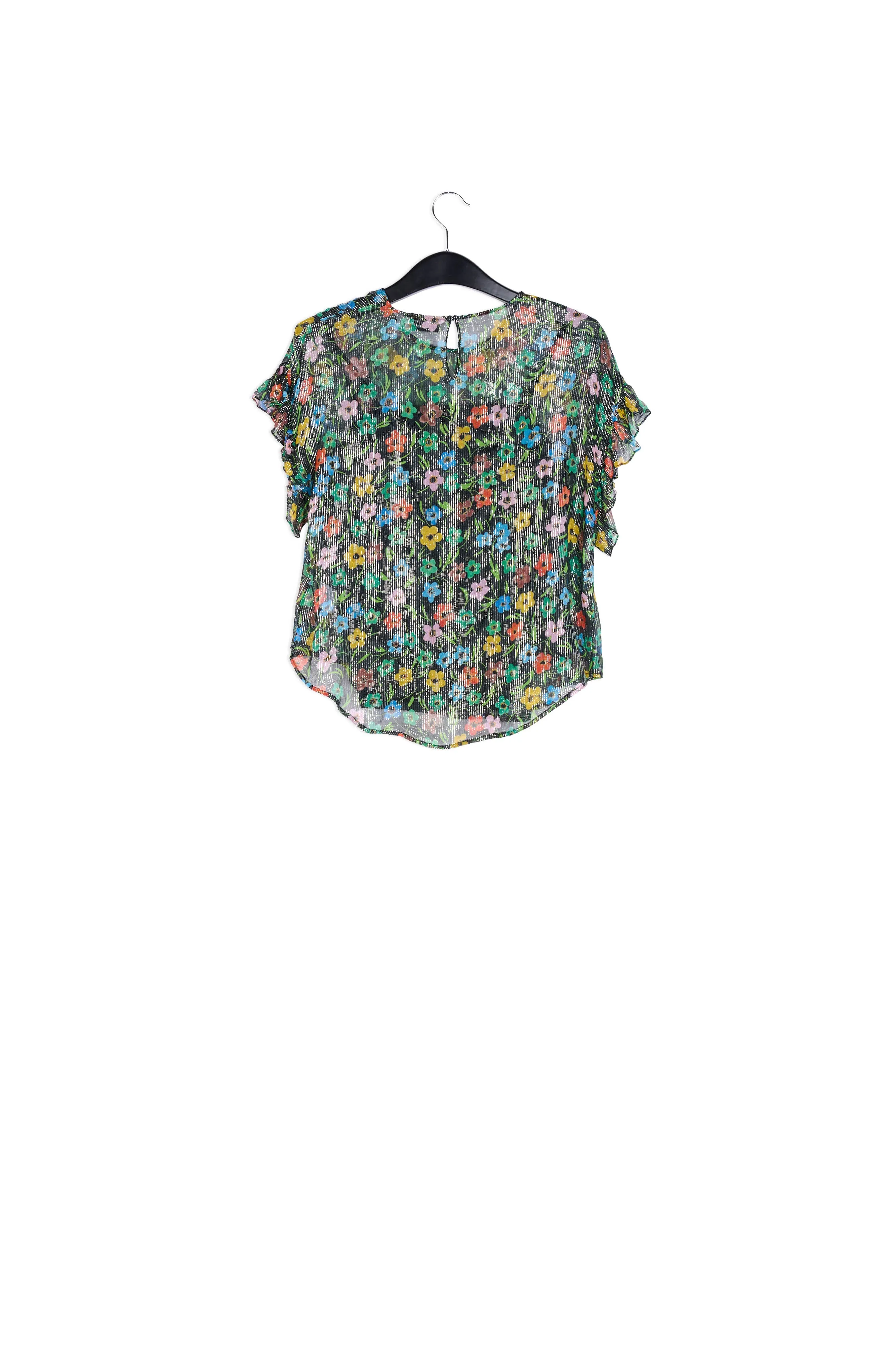 Black floral print top with ruffled sleeves