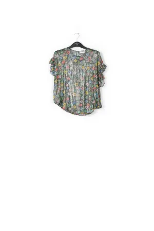 Black floral print top with ruffled sleeves