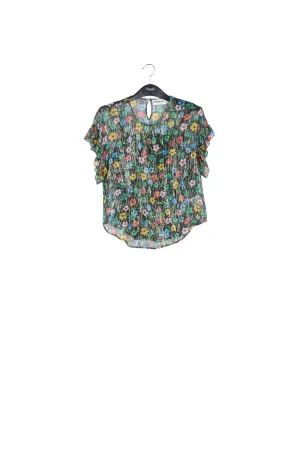 Black floral print top with ruffled sleeves