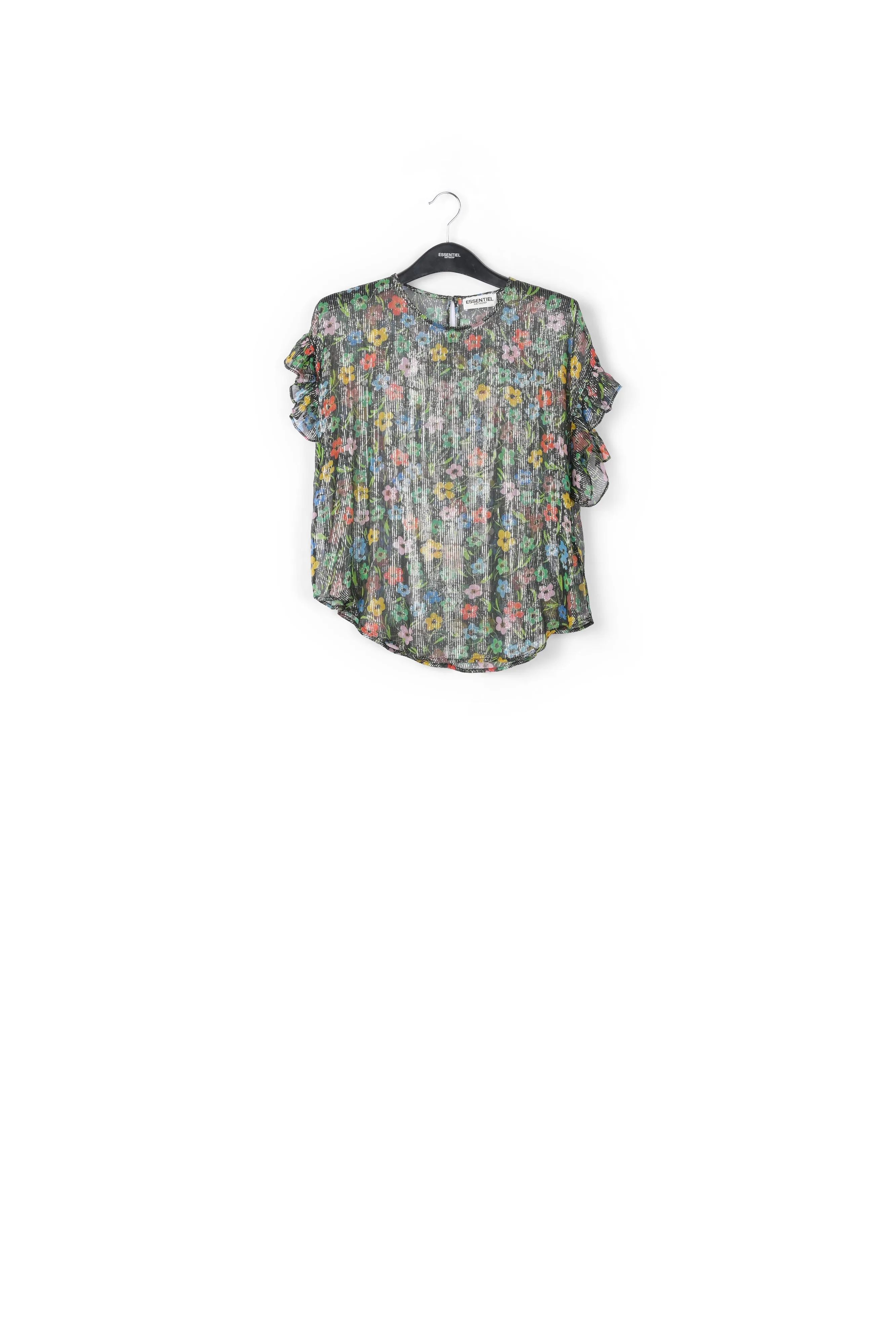 Black floral print top with ruffled sleeves