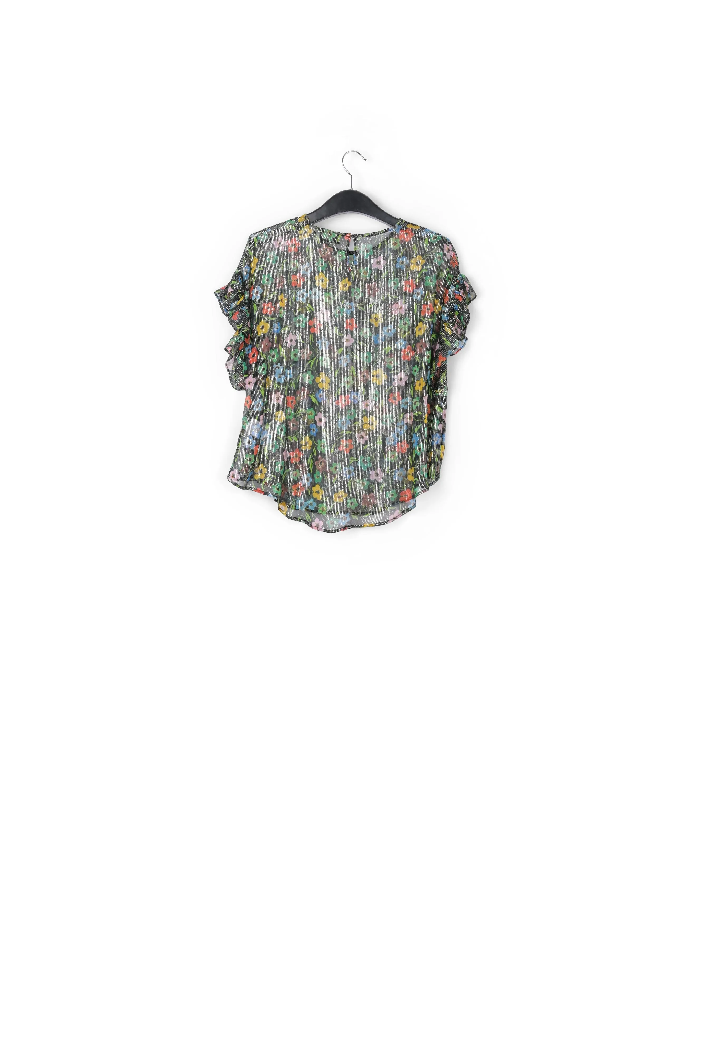 Black floral print top with ruffled sleeves