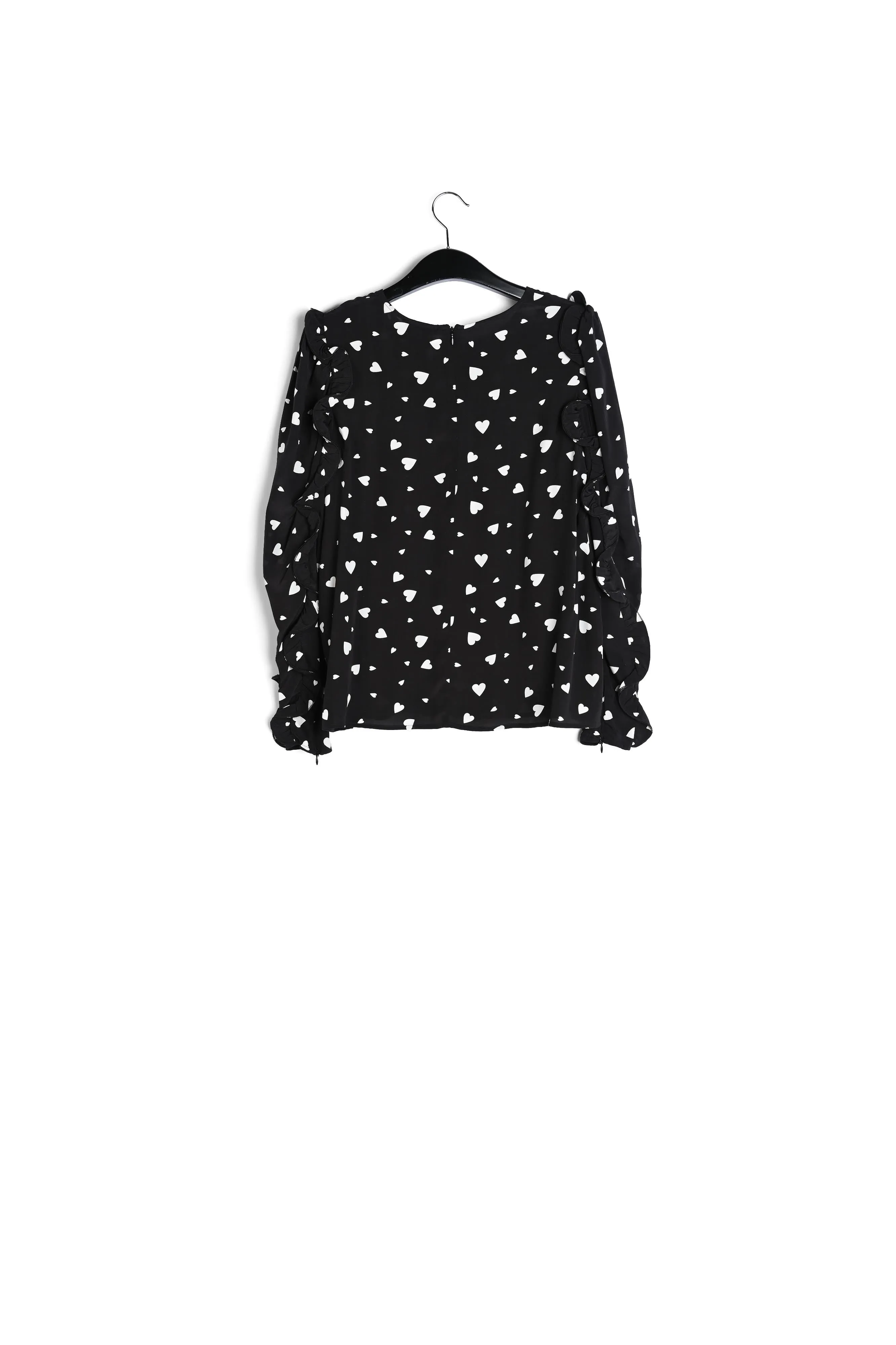 Black heart-print top with ruffled sleeves