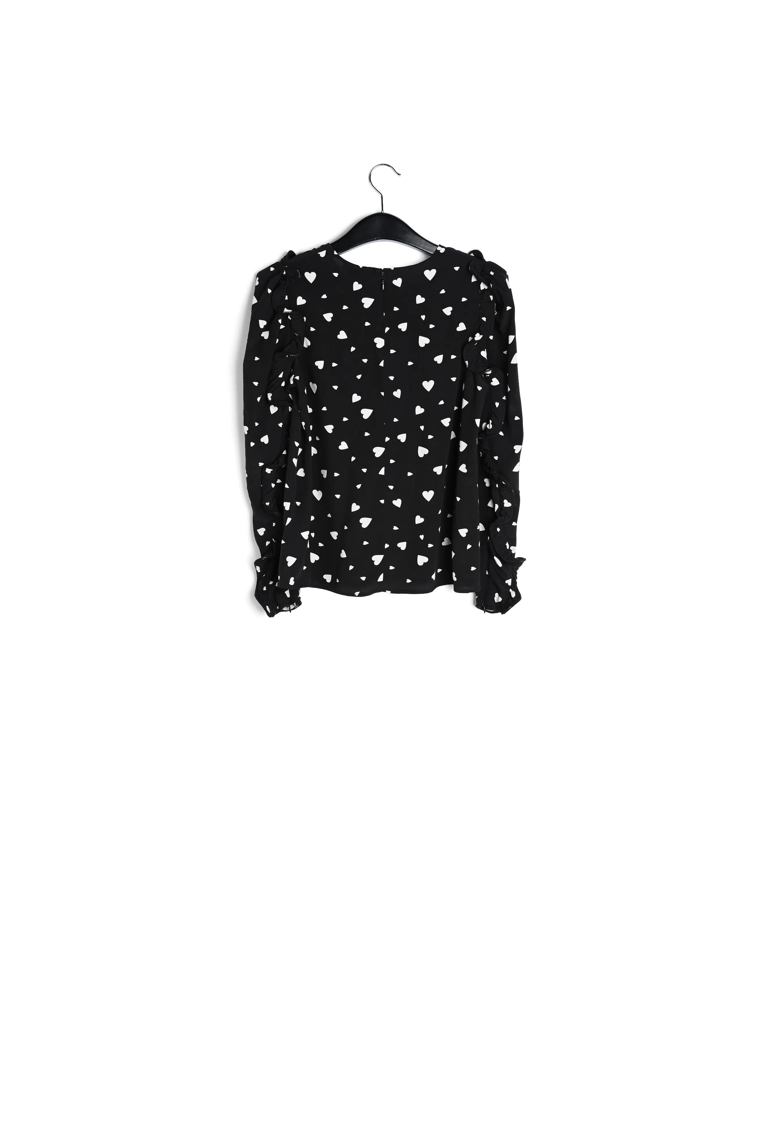 Black heart-print top with ruffled sleeves