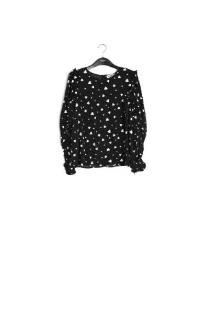 Black heart-print top with ruffled sleeves