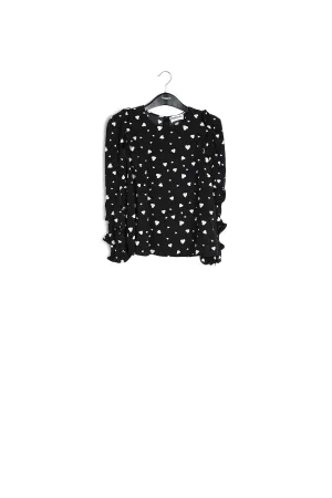 Black heart-print top with ruffled sleeves