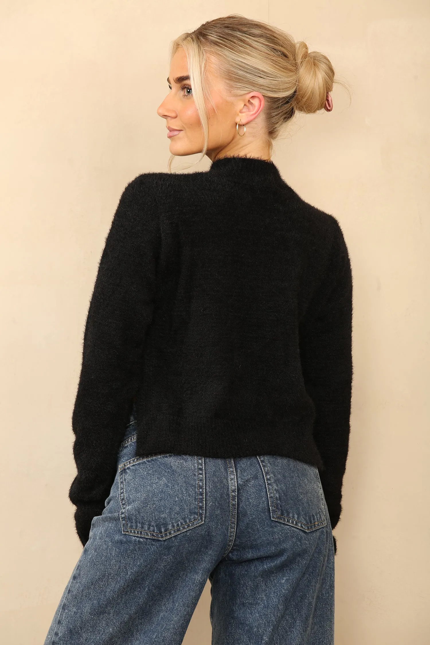 Black High Neck Cropped Fluffy Side Split Jumper
