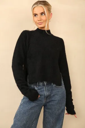 Black High Neck Cropped Fluffy Side Split Jumper