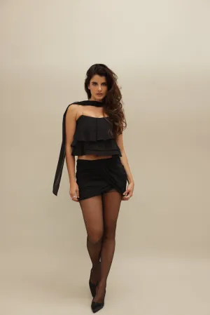 Black Ruched Mini Skirt with Draped Detail