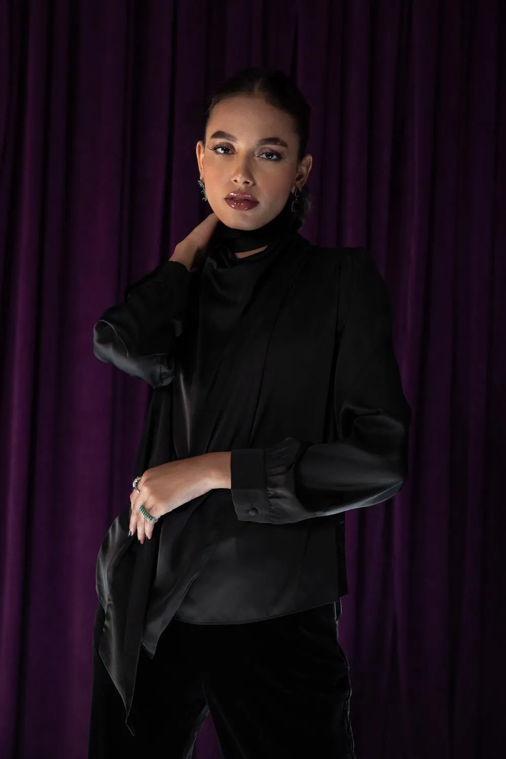 Blouse with Draped Collar with Satin Scarf