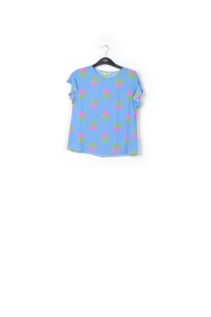 Blue flower print top with ruffled sleeves