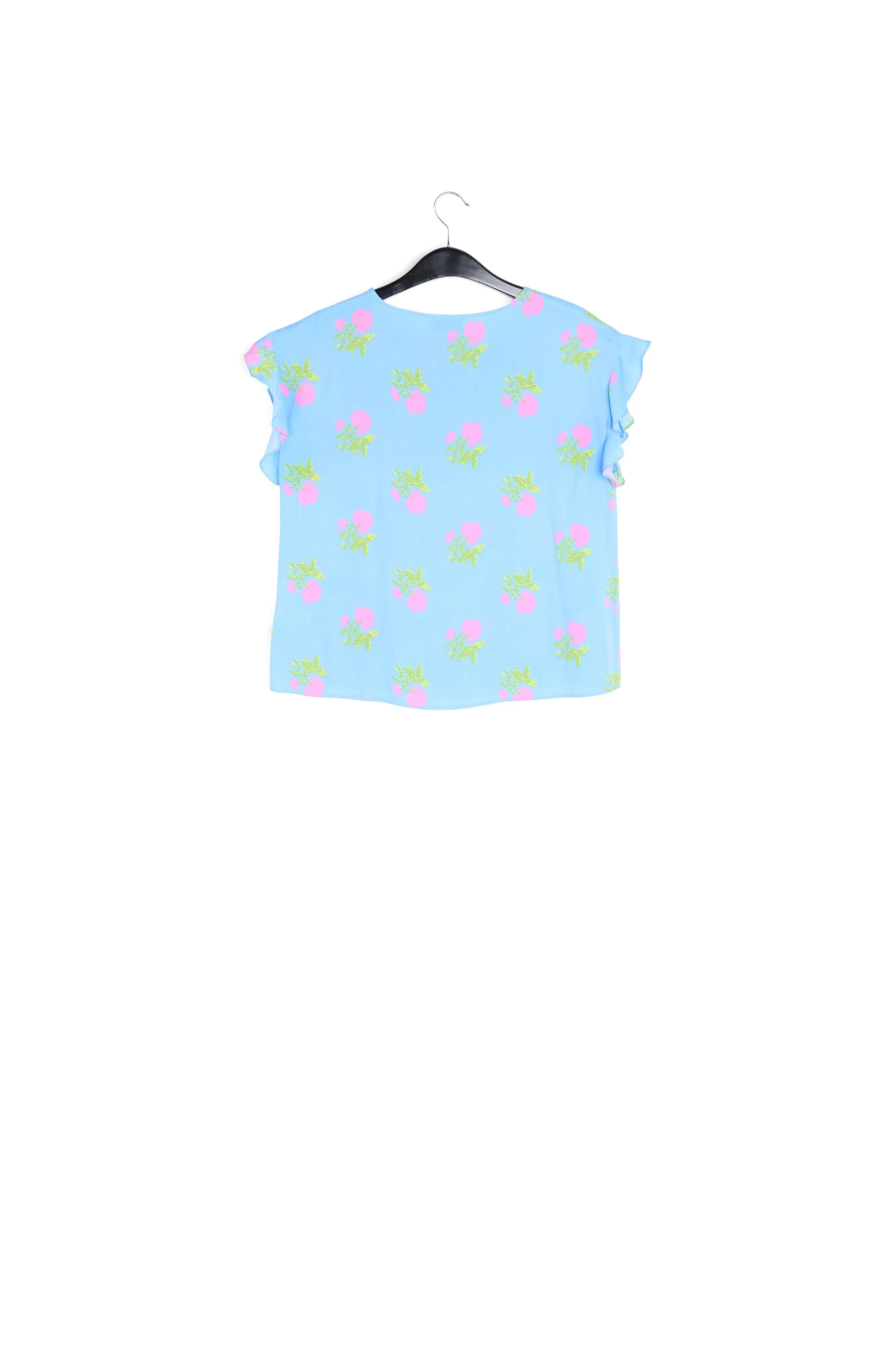 Blue flower print top with ruffled sleeves