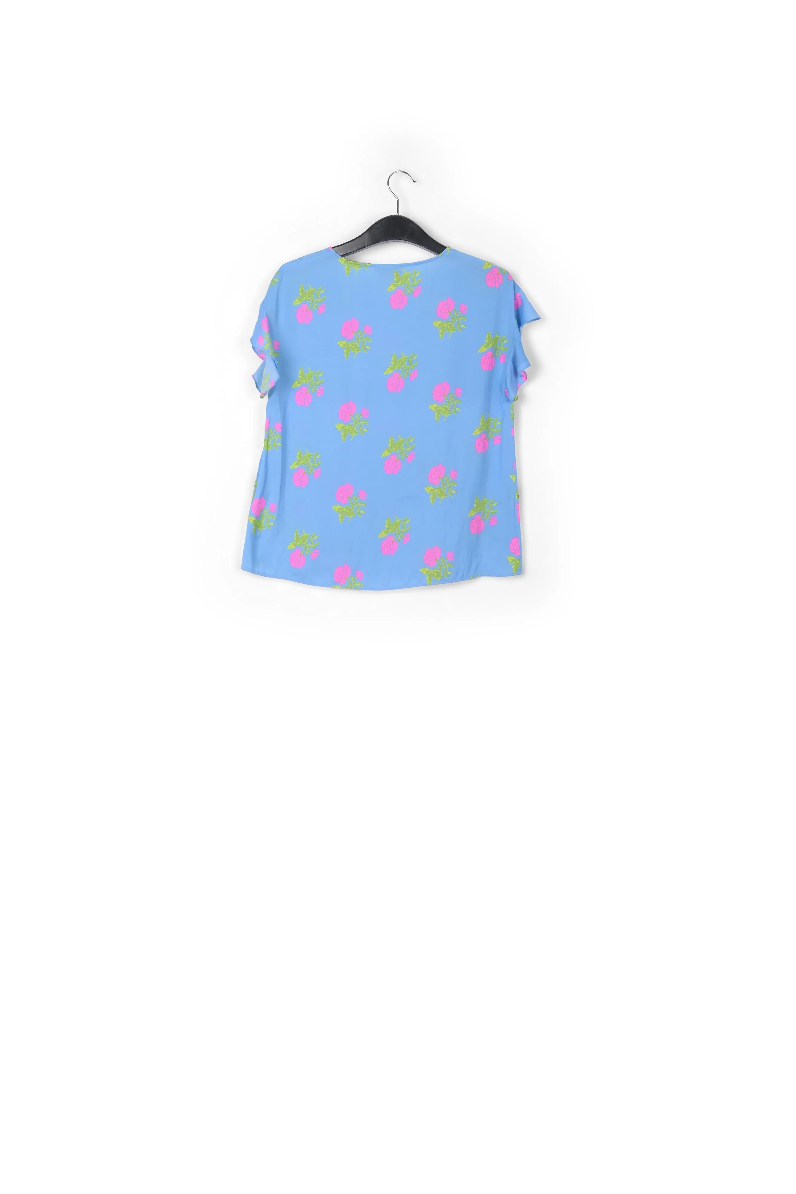 Blue flower print top with ruffled sleeves