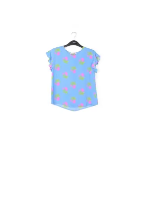 Blue flower print top with ruffled sleeves