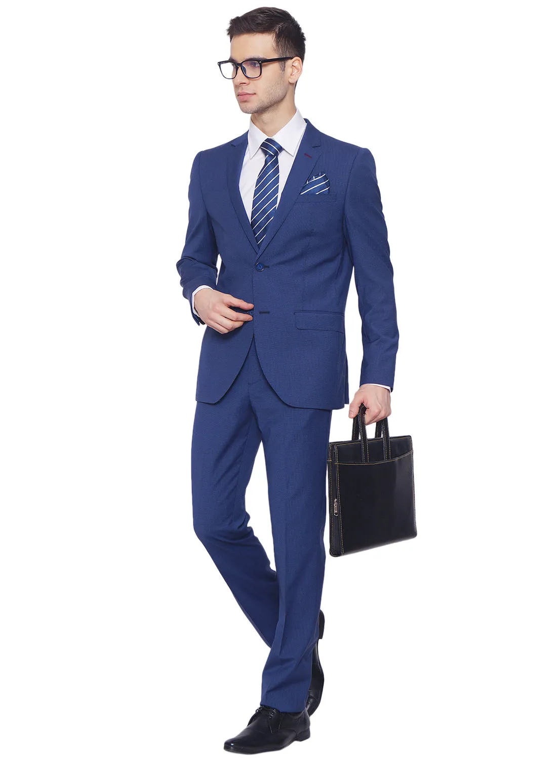 Blue Polywool Lycra Solid 2pcs Formal Suit